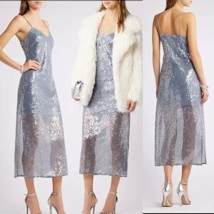 New Open Edit Silver Sequin Slip Dress Formal Leg Slit